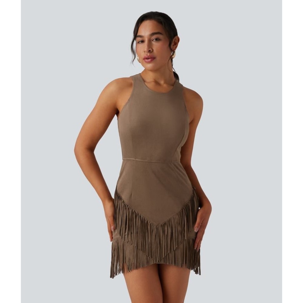 Halara Brown Faux Suede Bodycon Fringe Mini Dress Western Boho XL NWT